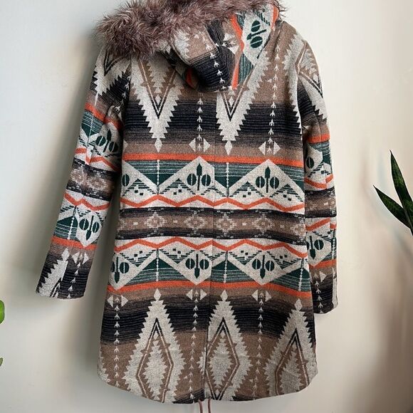 BB Dakota Navajo Bostwick Aztec Wool Faux Fur Southwestern Blanket Jacket Coat S - Picture 7 of 10